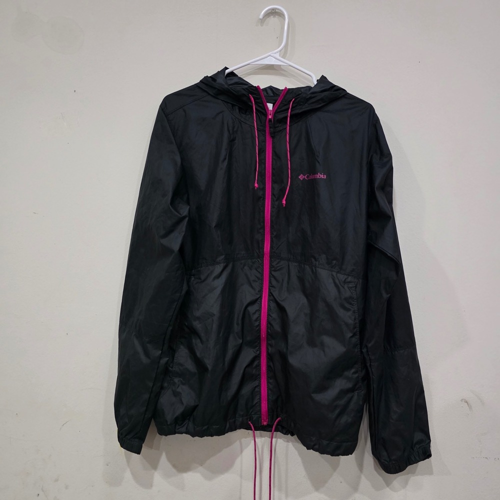 Columbia Womens Windbreaker Jacket Black Pink Full Zip Hooded Shell Large